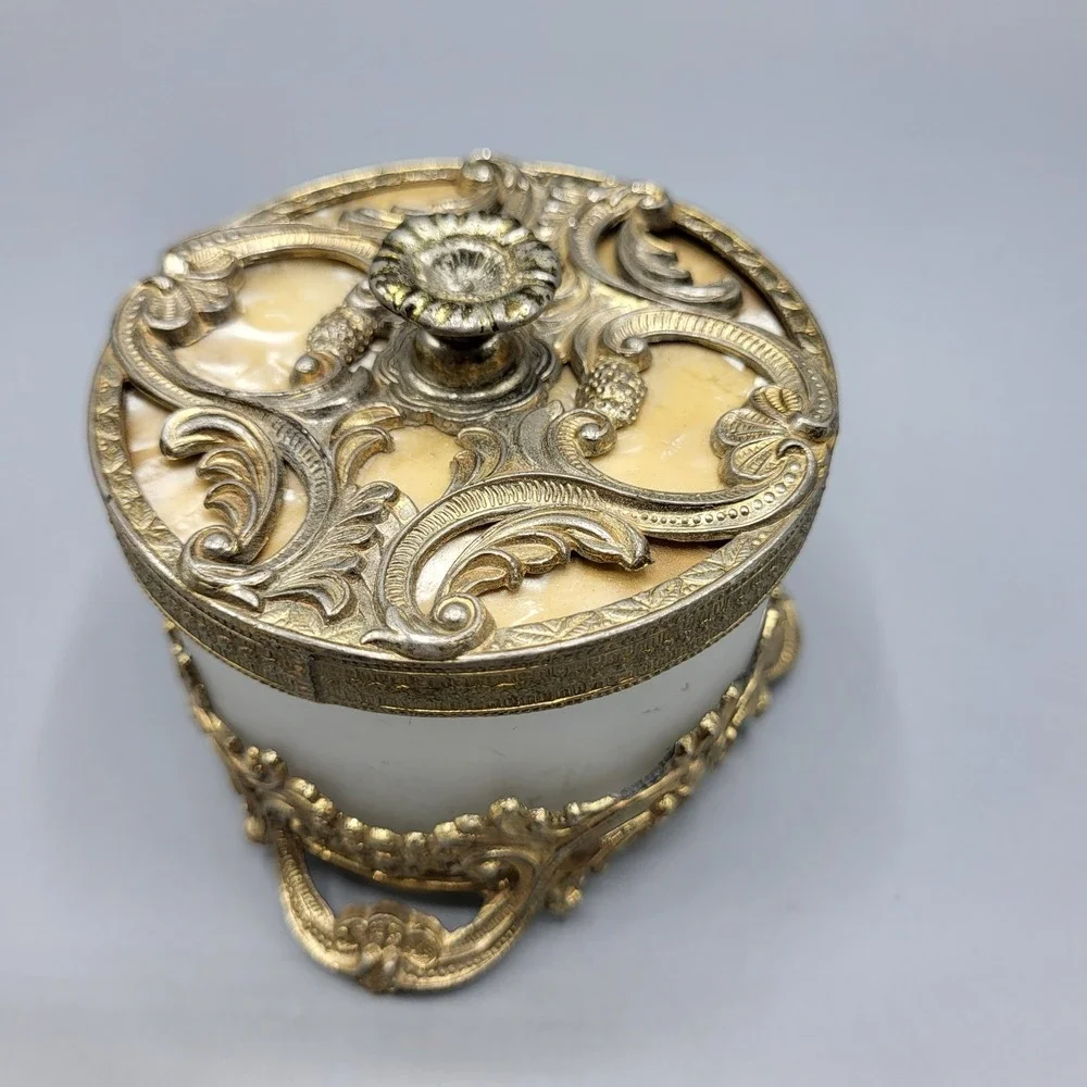 Vintage French Ormulo Trinket Box Vanity Jar Gold Filigree Frosted Glass Footed